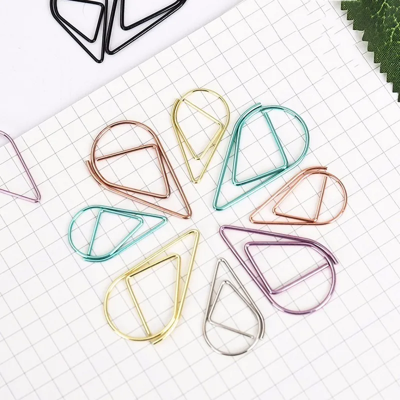 

12PCS Lovely 6 Colors Brief Style Waterdrop Shaped Metal Paper Clip Bookmark Stationery School Office Supply Escolar Papelaria