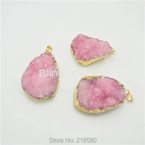 H-SP107 Pink Druzy Cluster Crystal Pendant with Gold Edge