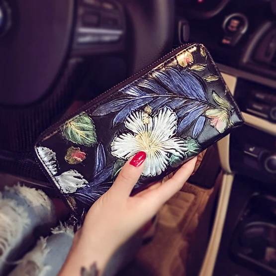 

fashion 3D Oil painting flower handbag rose wallets designer purse women clutch handbags leather Free Shipping