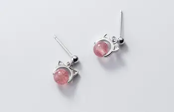

1pair Authentic Real 100% 925 Sterling Silver fine Jewelry Strawberry Quartz Stone Kitten Cat Animal ear Stud Earrings GTLE2338