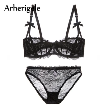 

Arherigele Push Up Bra Sets Sexy Lingerie Set Underwear Women 1/2 Cup Ultra-thin Transparent Lace Bra And Panties Set Bowknot