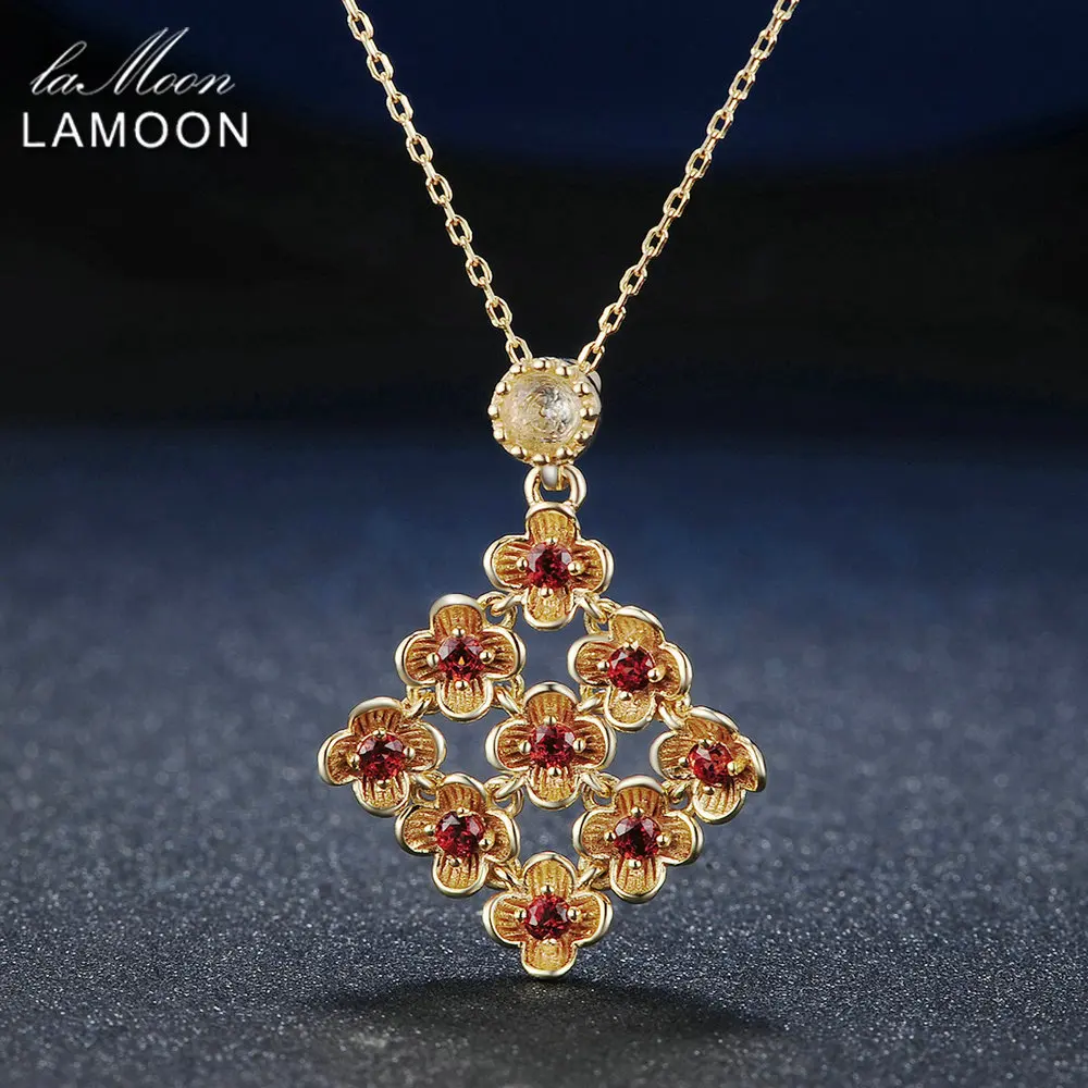 

LAMOON 9 Pieces 5mm Natural Round Red Garnet 925 Sterling Silver Jewelry Flower Women's Long Chain Amber Pendant Necklace Shadow