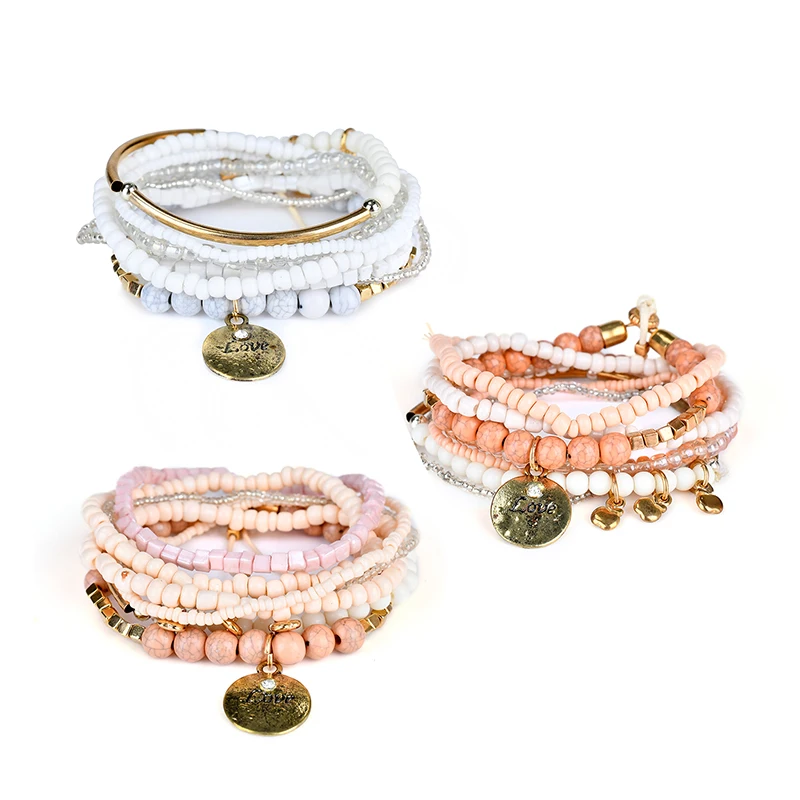 Bohemian Candy Color Multilayer Beads Bracelets Bangles For Women Jewelry Letter LOVE Charm Bracelet Gifts Girlfriend Pulseras