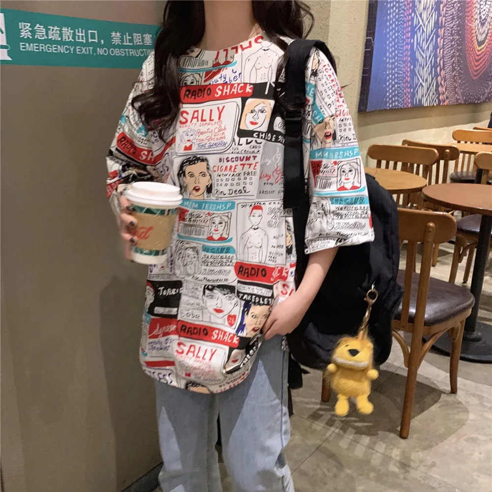 

Harajuku Comics Ulzzang Female Short-sleeved Tops Summer Korean Fashion Loose Round Neck Pullover Hip Hop Printing Women Clothes