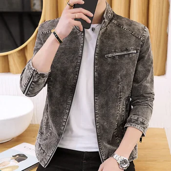 

2019 Autumn and Winter New Men's Jacket Casual Slim Jacket Solid Color Retro Denim Jacket Stand Collar Coat