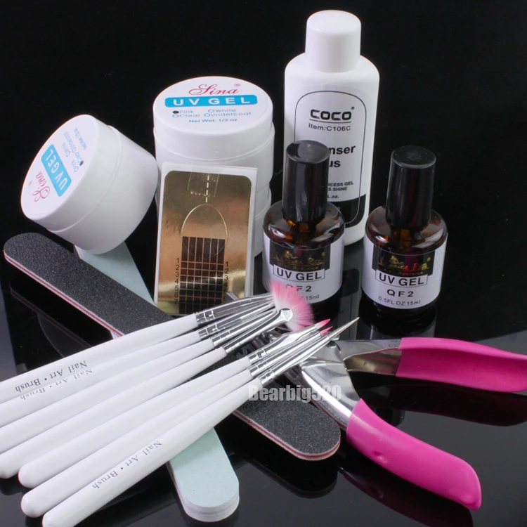 

Nail Art UV Gel Topcoat Primer Base Gel Remover Paint Brush Tool Forms Set Kits