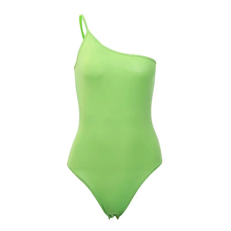 Korean Cotton One Shoulder Slope Neckline Bodysuit Single Long Sleeve Summer Women Sexy Black Solid Swimsuit Female L129