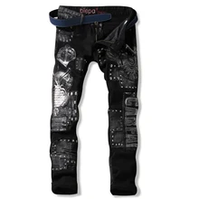 Bestickte jeans designer Herren schwarz jeans Patchwork Gerade Hip hop jeans Punk Motorrad Herren biker jeans Berühmte marke