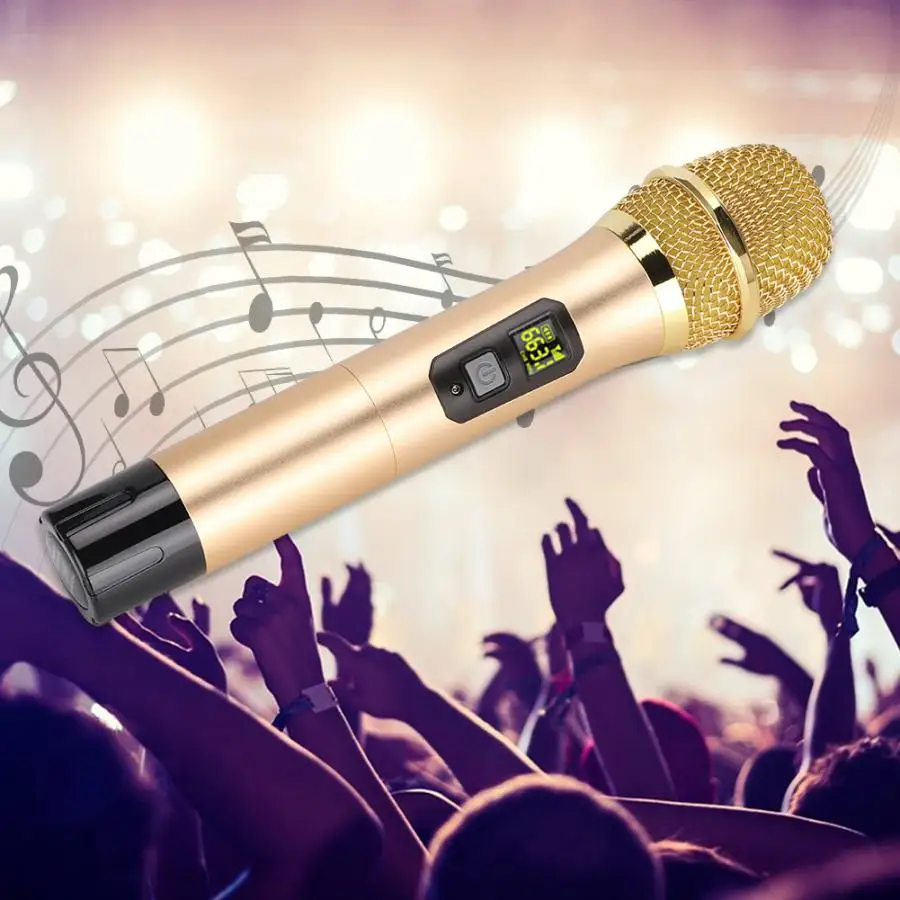 600mhz-700mhz UHF Handheld Wireless Microphone with Mini Bluetooth Receiver Gold Performing Microphone