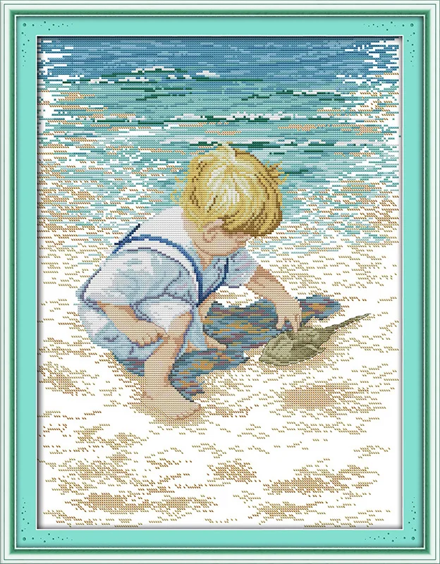 

The little boy play on the beach Printed Canvas DMC Counted Cross Stitch Kits printed Cross-stitch set Embroidery Needlework