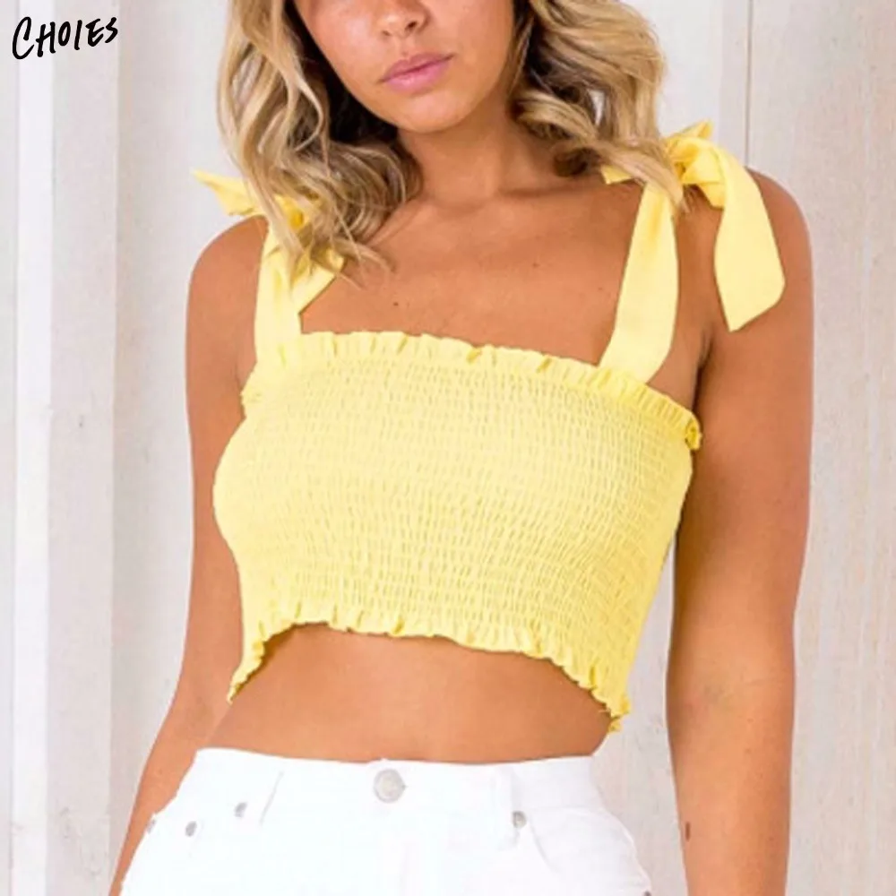 Желтый стрейч лук подробно Crop Tank Top Для женщин без рукавов пикантные укороченные Новинка; футболки Мода Лето Chiffion Короткие Холтер Безрукавки для женщин