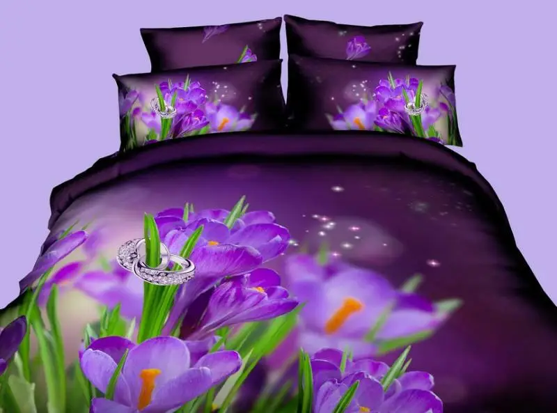 3D Dark Purple floral flower sets queen size bedspread ...