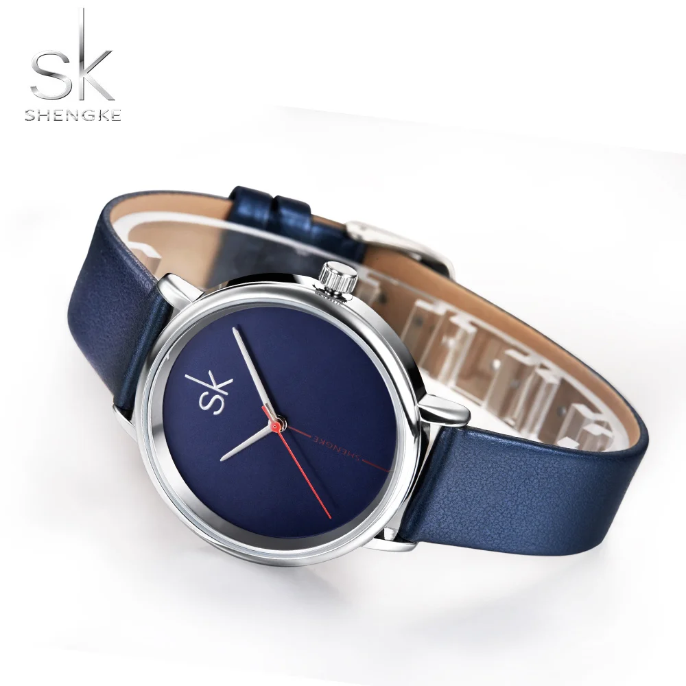 Shengke Women Watch Luxury Top Brand Watch Sapphire Blue Clock Leather Navy Simple Fashion Watch Ladies Relogio Feminino