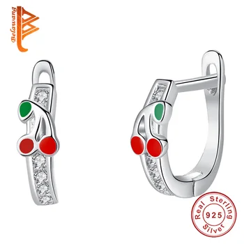 

BELAWANG Spring Kids'Jewelry 925 Sterling Silver Lovely Cherry Hoop Earrings for Child Red Enamel&Clear CZ Small Earrings