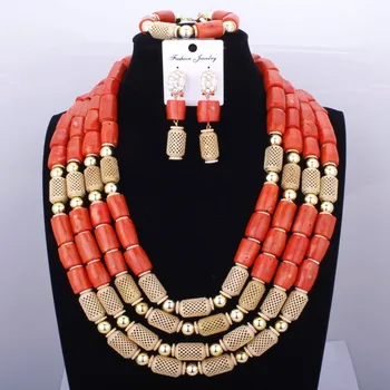 

Red Coral Nigerian African Bride Wedding Beads Jewelry Set Plated Gold Jewellery set 4 Layers Necklace Bracelet earring jewelry