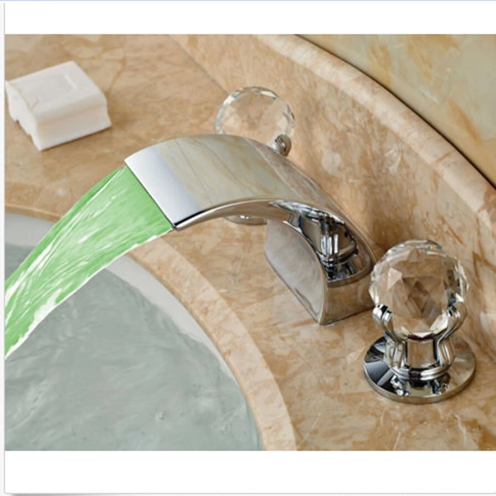 

LED Waterfall Spout Bathroom Basin Faucet Dual Crystal Handles Vessel Mixer Tap