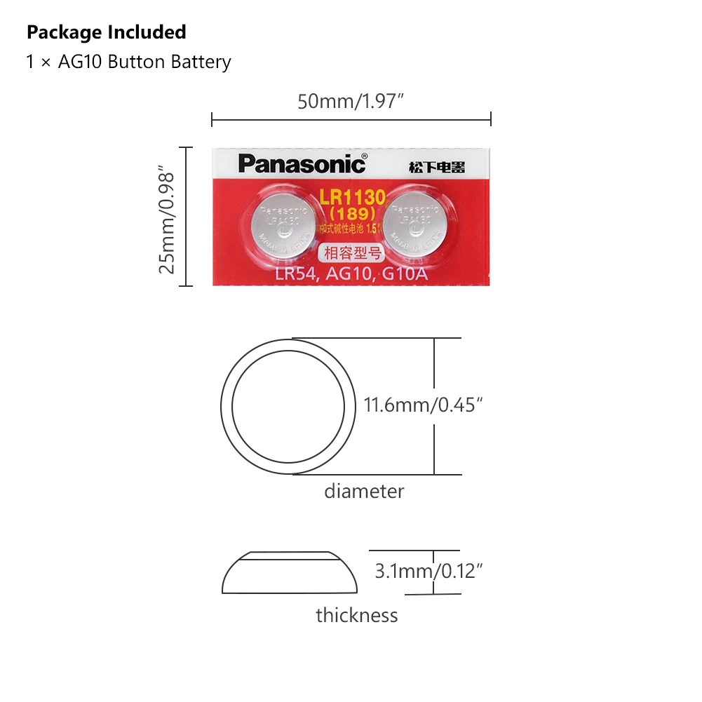 Panasonic 2 шт./лот Батарея сотовый 1,5 V AG10 LR1130 Щелочная батарейка-кнопка AG10 389 LR54 SR54 SR1130W 189 LR1130