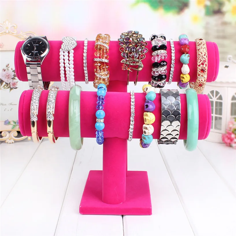 

Watch Box 2 Tiers T-Bar Velvet Bangle Bracelet Watch Holder Jewelry Display Stand kol saat relogio G130487