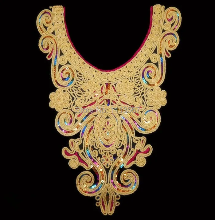 

15pieces Craft Gold Thread Flower Sequin Embroidery Lace Patches Decorated Sewing Neckline Collar Applique Trims 30cm* 43cm t522