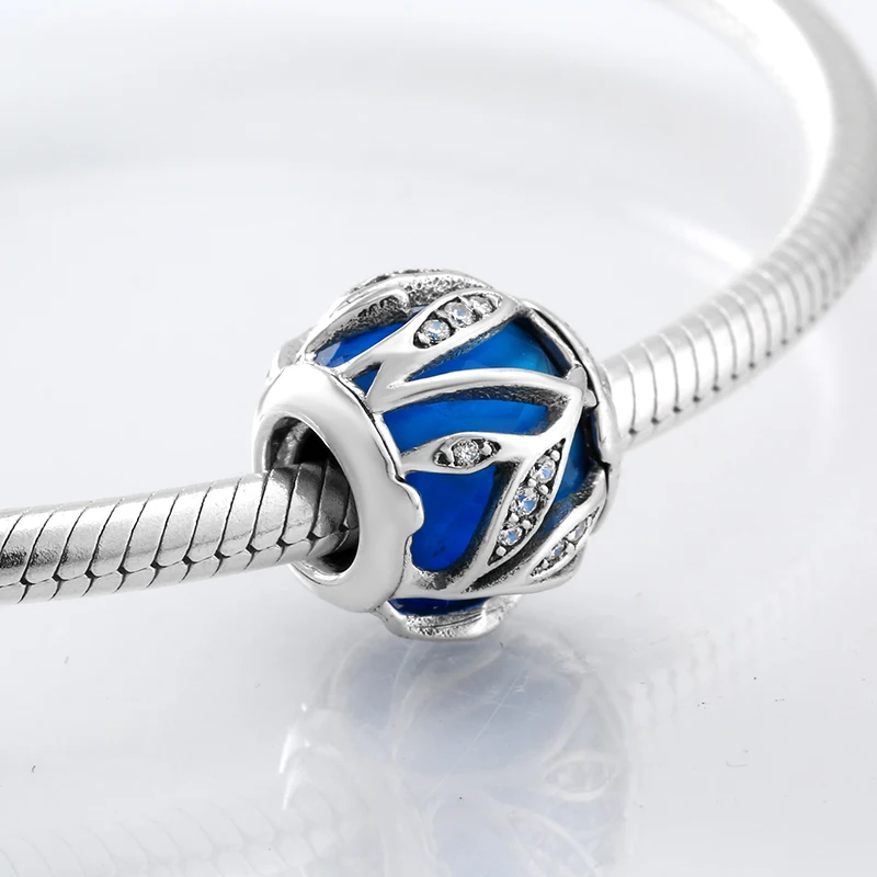 Горячая 925 пробы серебряные Модные Роскошные полосы синий CZ Бусины Подходят Pandora браслет ювелирных изделий