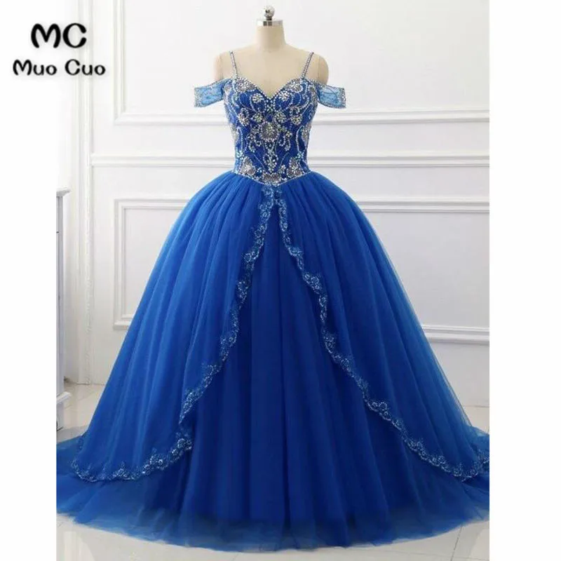 

2018 Elegant Royer Blue Prom dresses Long with Crystals Beaded dress for graduation Tulle Formal Evening Party Dress for Women