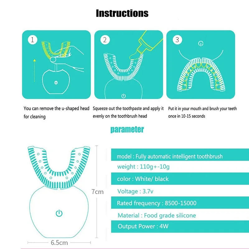 Умная 360 ° интеллектуальная автоматическая звуковая электрическая зубная щетка U Тип 4 режима зубная щетка USB перезаряжаемая зубная отбеливающая щетка