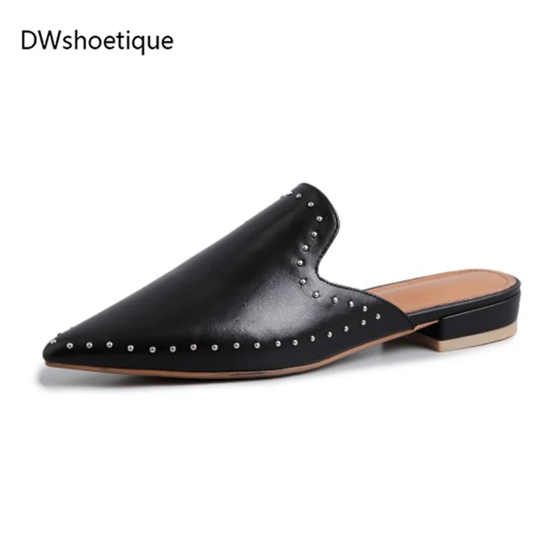 

rivet mules 2019 new fashion rivet slippers genuine leather pointed toe 2 cm high heels flat with women spring/autumn slippers