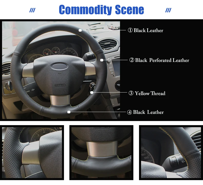 Черные кожаные чехлы на рулевое колесо для Ford Focus 2 2005-2011(3 Спицы) чехлы на рулевое колесо