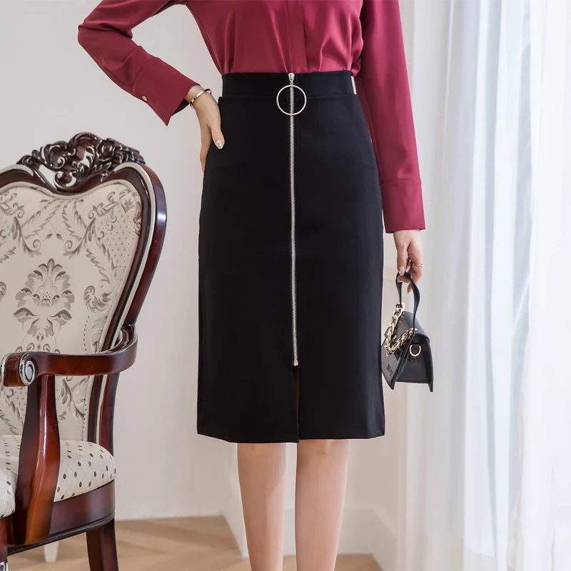 REALEFT New Arrival OL Style Metal Rings Patchwork Midi Skirts High Waist Elegant Black Zipper Printed Sexy Pencil Wrap Skirts