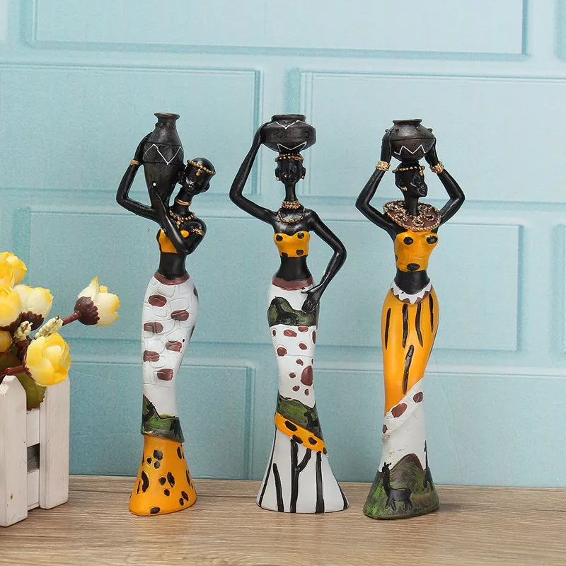 

KiWarm New 3PCS African Lady With Vase Ornament Ethnic Statue Sculptures National Culture Table Figurine Home Decor Crafts Gifts