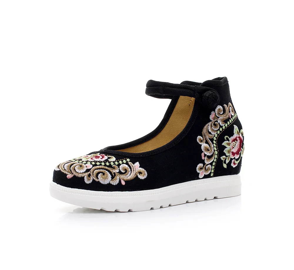Veowalk/Высококачественная Женская парусиновая обувь на плоской платформе с цветочной вышивкой; женская повседневная обувь из джинсовой ткани с ремешком на щиколотке в китайском стиле - Цвет: Черный