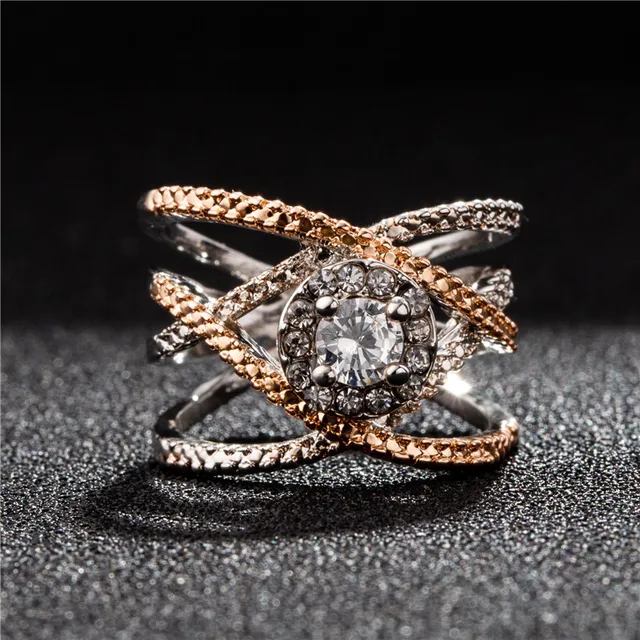 Modyle Fashion Rose Gold and White Gold Color Rings for Women Double Letter X Shape Ring Zirconia Micro Paved Women