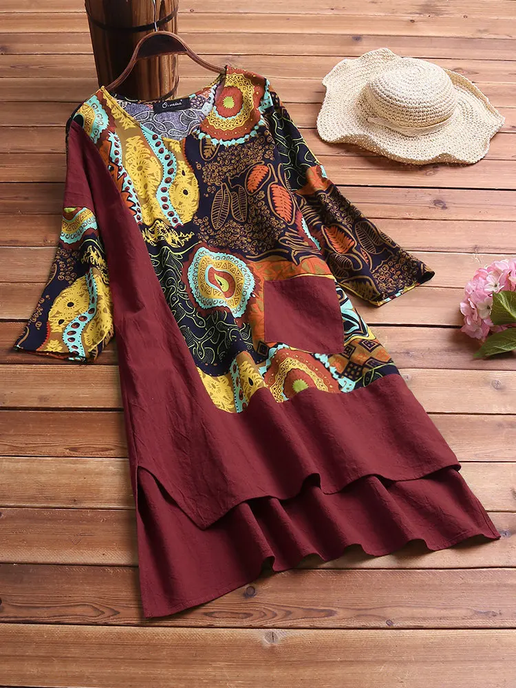 

L-5XL 2019 Summer Large Size Women's Dress Casual Cotton and Linen Print Retro Irregular Dress Half Sleeve Plus size Loose Dress