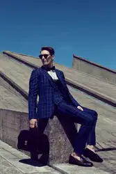 Последние конструкции пальто брюки Темно-синие узор Пром мужской костюм пиджак Slim Fit смокинг 3 предмета пользовательские Жених партия