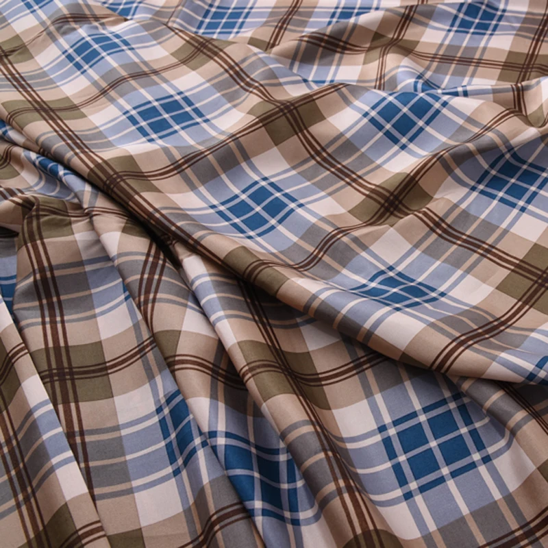 

114CM Wide 19MM Blue Brown Check Print Silk CottonFabric for Summer Pants Dress Jacket H178