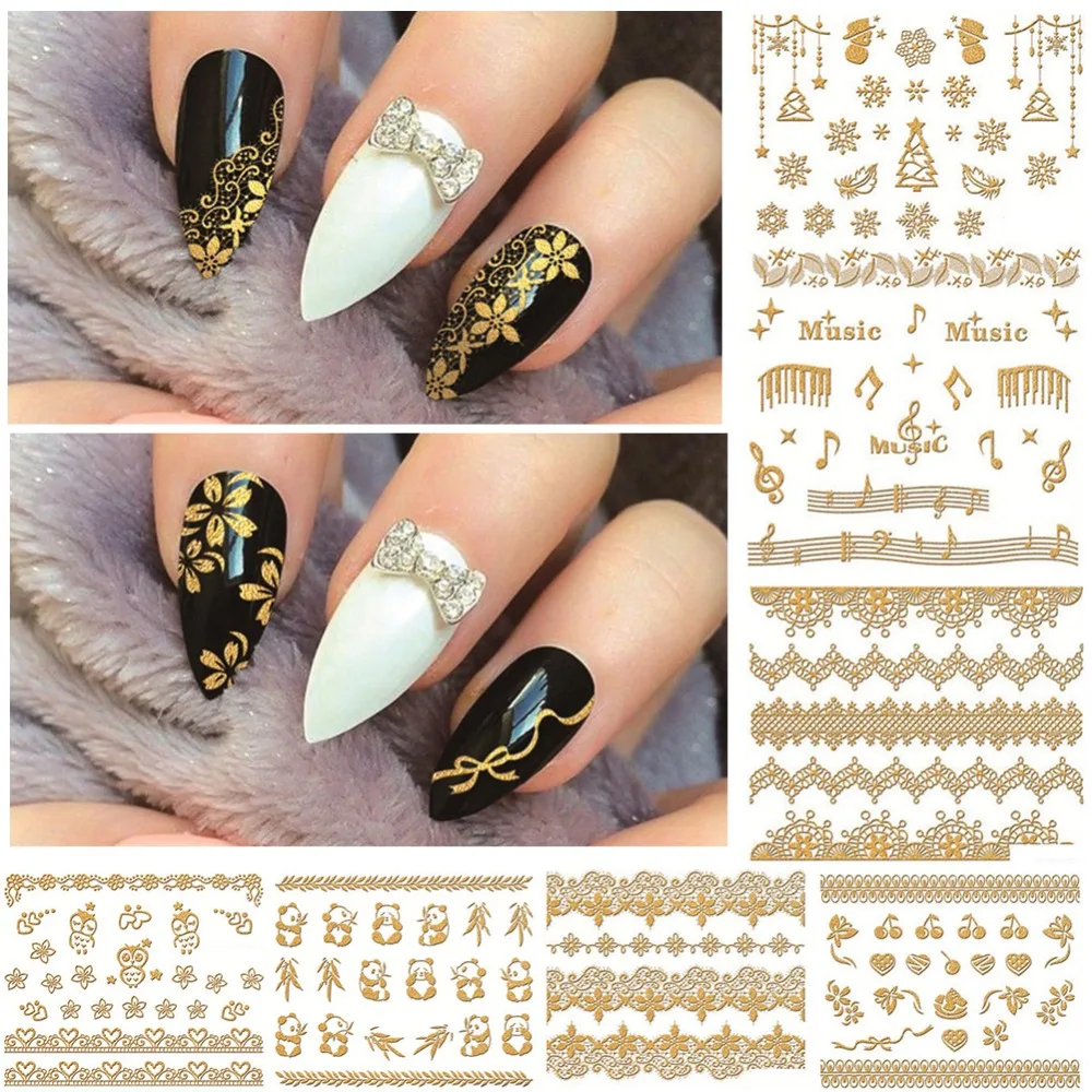 

7 Styles 1 Sheet Nail Art Stickers Gold Lace Flowers 3D Wraps Decal Self Adhesive Charm Panda Music Manicure Slider Decor Tips