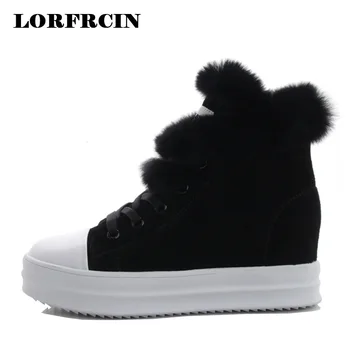

LORFRCIN Women Snow Boots Genuine Leather Fur Winter Warm Shoes Woman Hidden Heel Platform Ankle Boots Plush High Top Shoes 2018