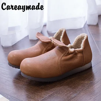 

Careaymade-Original Genuine leather women's round-headed Lambswool comfortable leisure boots,the retro art mori girl Flats boots