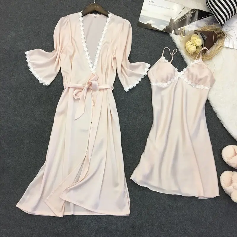 

Sexy Women's Robe & Gown Sets Summer Long Bathrobe + Mini Night Dress Two Pieces Nightwear Sleepwear Womens Sleep Suit Faux Silk