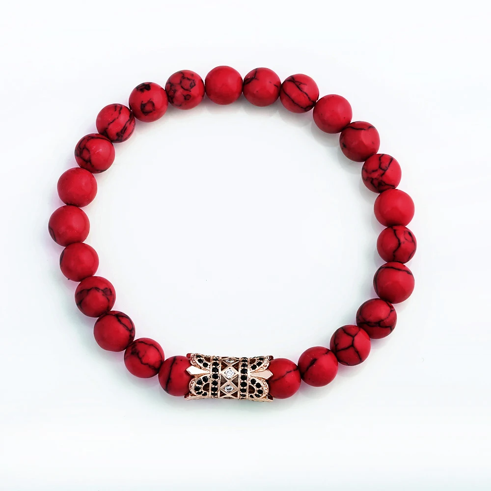 8mm Red Natural Stone Beaded Strand Bracelets Metal Strips Micro inlay