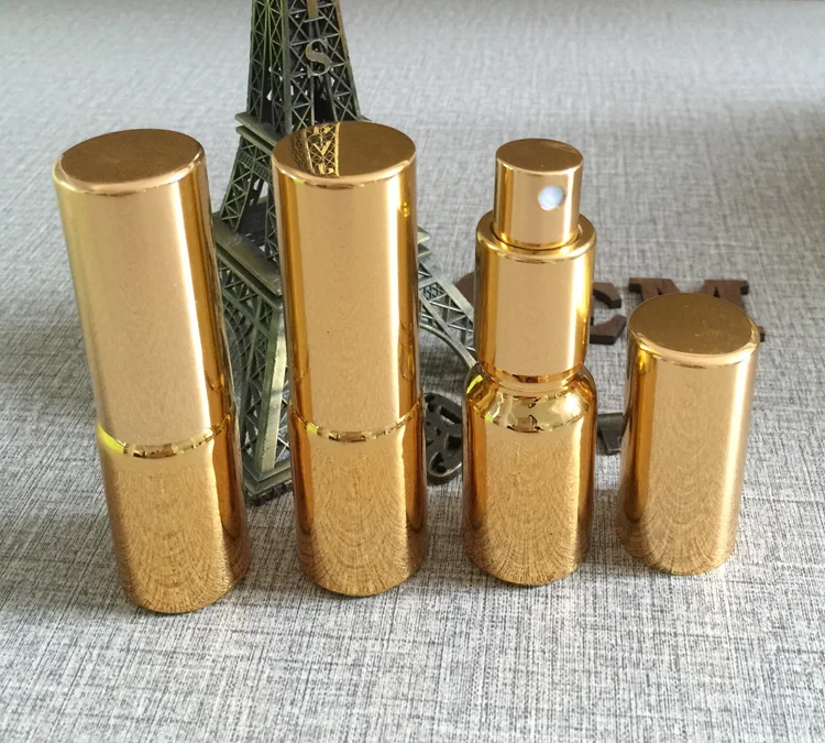 Wholesale high-grade fine mist golden 10ml mini glass spray perfume bottles, empty 10 ml glass spray atomizer bottles for sale