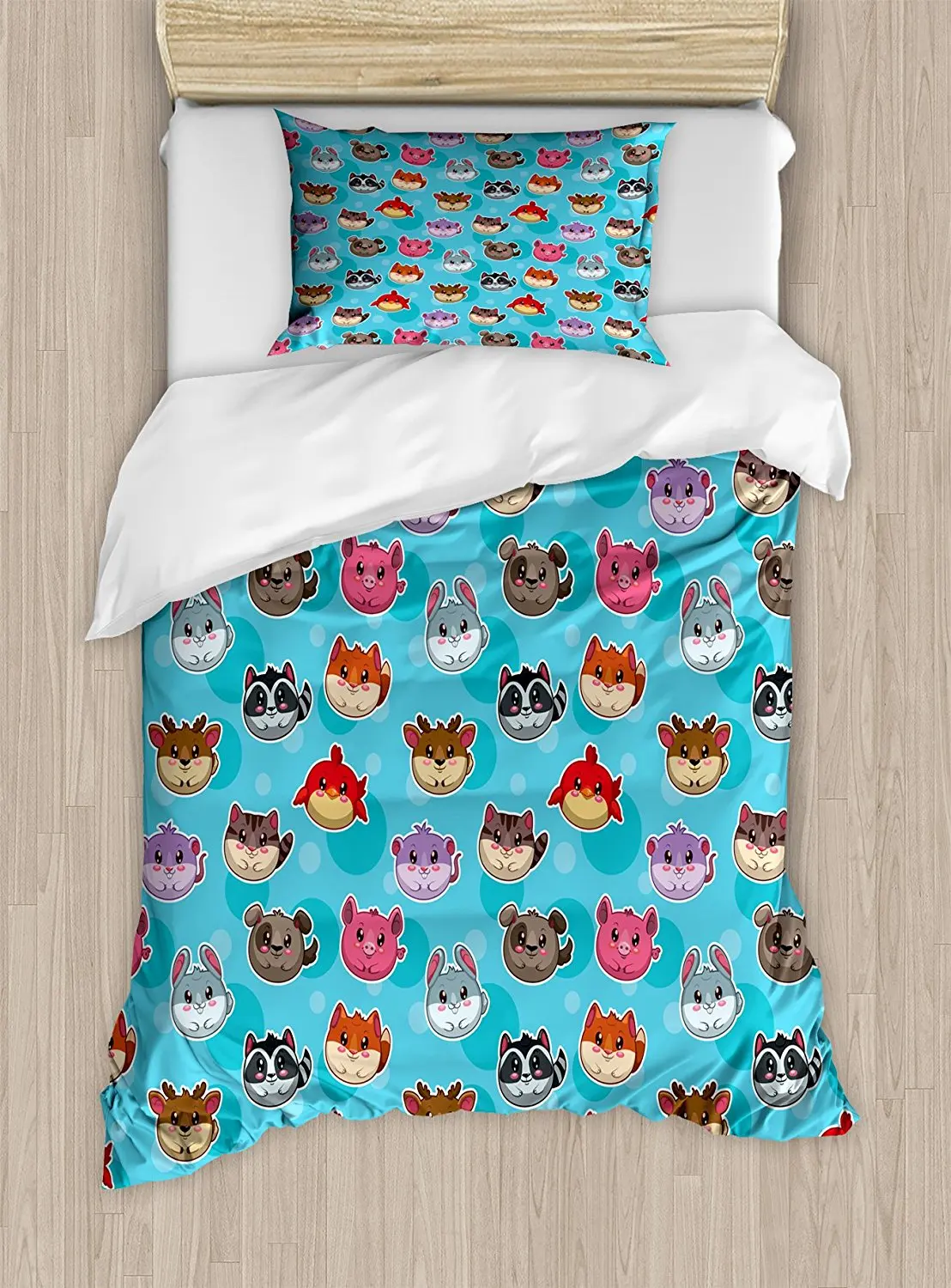 Kids Duvet Cover Set Cartoon Style Round Different Animals Funny