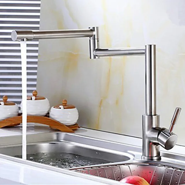 Best Quality Brushed Nickel Folding Stretch Kitchen Faucet Deck Mount Single Handle Rotation Kitchen Mixer With Hot And Cold Water Taps Lt258