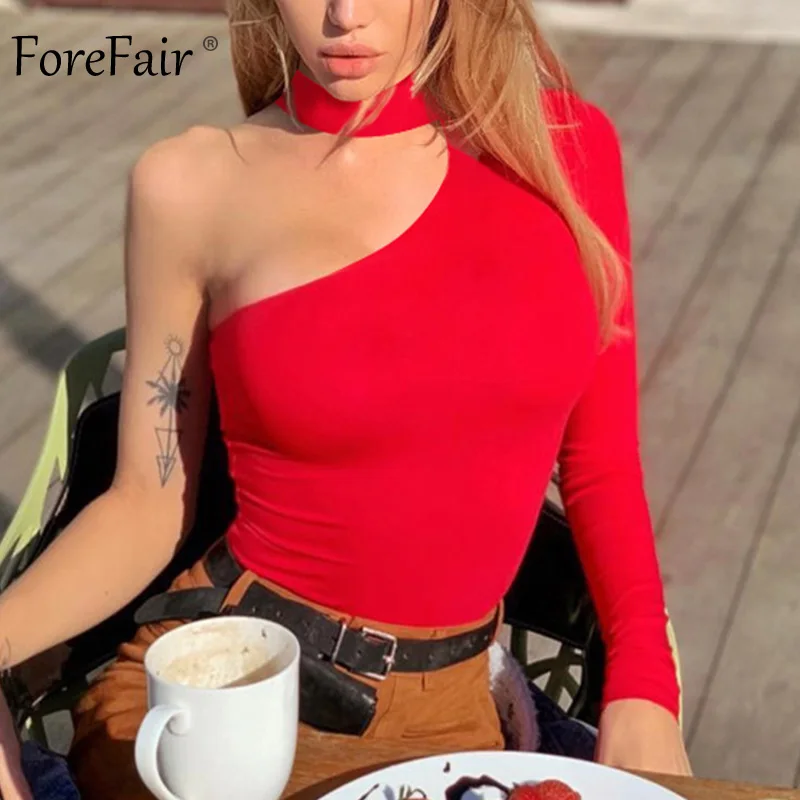 Forefair الرسن مثير ارتداءها النساء الجسم أعلى طويل كم واحد قبالة الكتف عالية الشارع أسود أبيض ثوب بودي كون الصيف