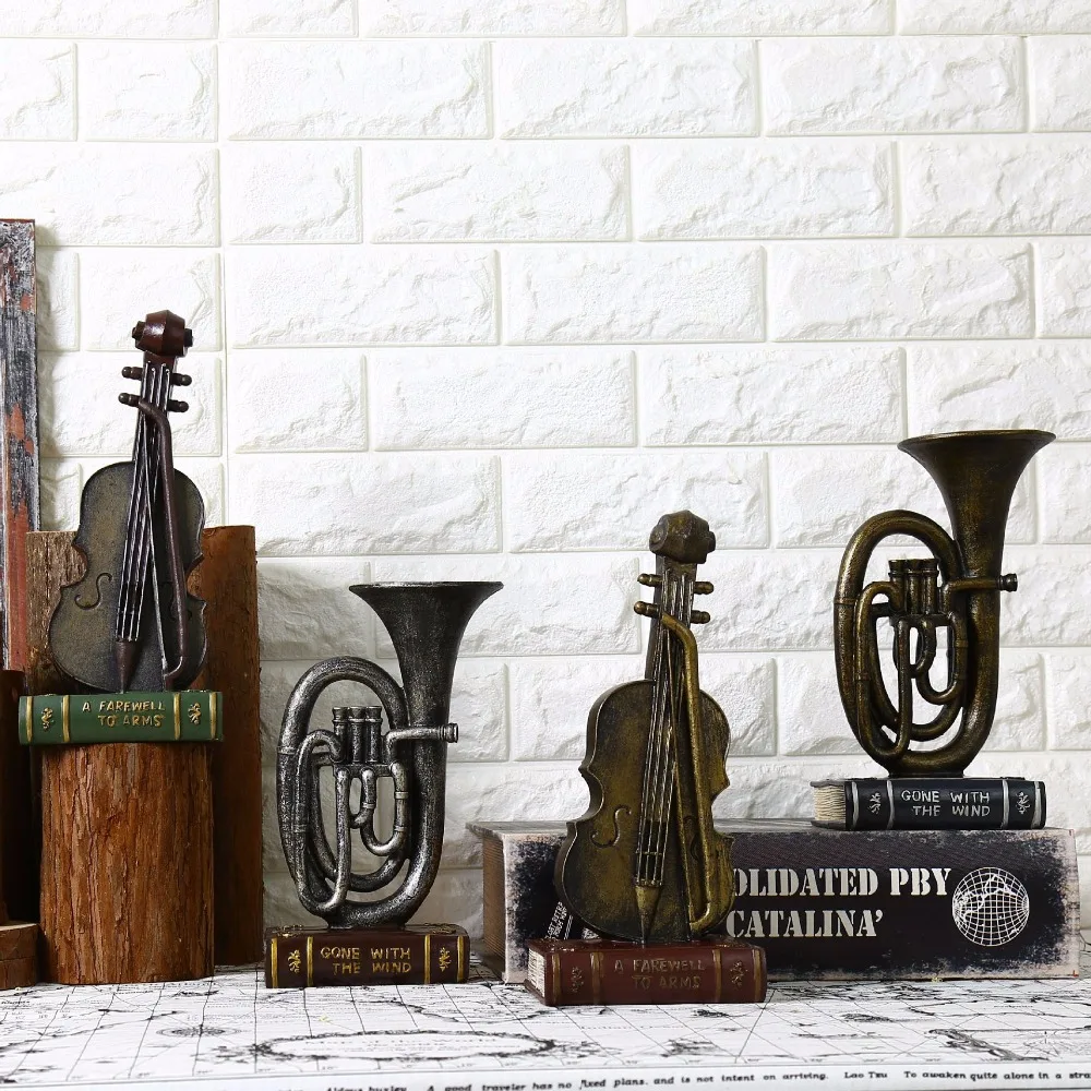 1Pc Resin Retro Violin Sachs with Book Musical Instrument Statue Home Bar Coffee Living Room Decor | Дом и сад