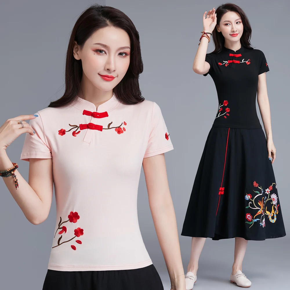 

KYQIAO women clothes 2019 traditional CHINESE shirt female summer ethnic pink black floral embroidery blouse shirt tops