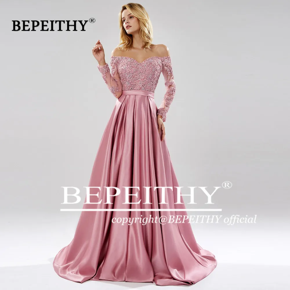 BEPEITHY Robe De Soiree с открытыми плечами длинное вечернее платье трапециевидной формы, вечерние, элегантные,, полный рукав, фиолетовый кружевной лиф, платье для выпускного вечера