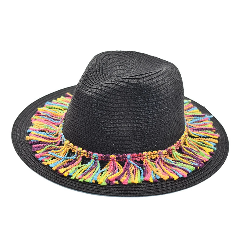 Женская летняя пляжная цветная шляпа с кисточками и бантом, однотонная соломенная шляпа на плоской подошве для пляжа, плотная бумага, трава, хипстерская шляпа от солнца