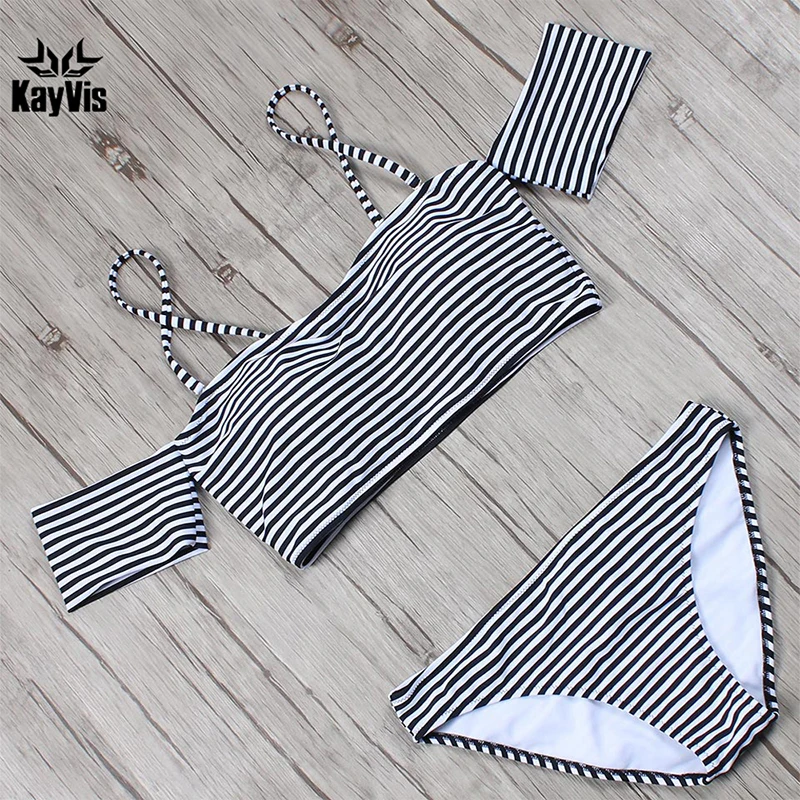 

KayVis 2019 Bandeau Bikini Women Swimsuit Push Up Swimwear Bottom Striped Top Off The Shoulder Ruffle Bathing Suits Swim Wear