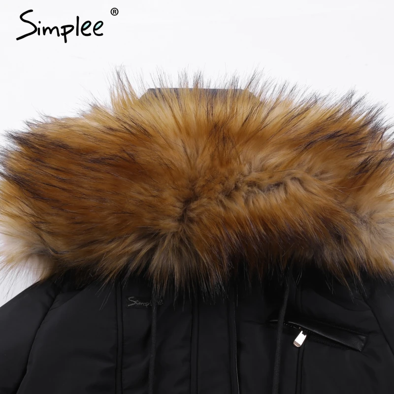 Simplee Hood padded parka winter jacket women coat Fur warm pocket zipper winter overcoat Snow wear thick jacket coat female